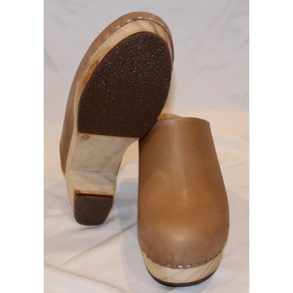 Nisolo Leather Closed Toe Slip On Wooden All Day Mule Heeled Clogs ALMOND‎ - Picture 6 of 7